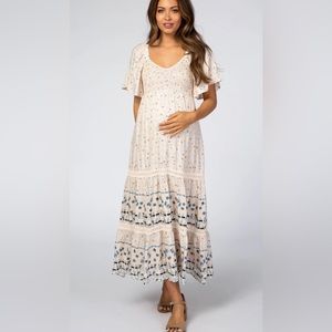 PinkBlush - Light Pink Floral Smocked Maternity Midi Dress